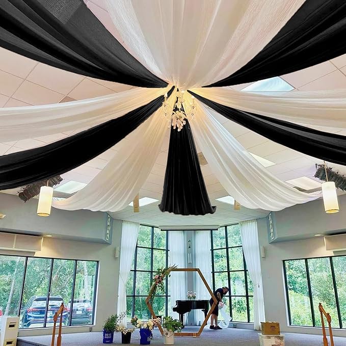MODFUNS Black Ceiling Drapes Wedding Arch Drapery 5x30ft 4 Panels Chiffon Sheer - Image 2