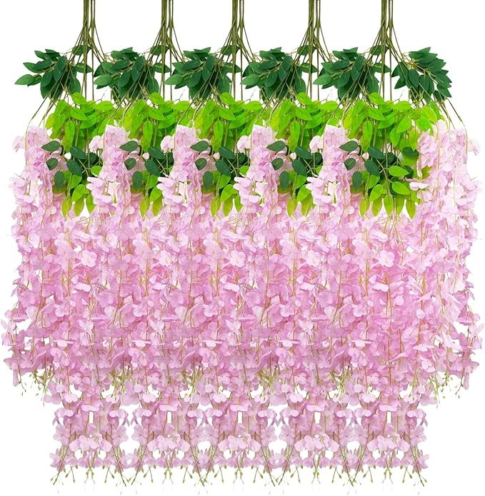 24 Pack Pink Wisteria Hanging Flowers Garland, 3.77 Feet Artificial Flower Vines by Luerbi
