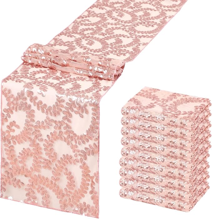 Rose Gold Flower Table Runners 10 Pieces 12x72 Inches Sequin Glitter Table by SoarDream