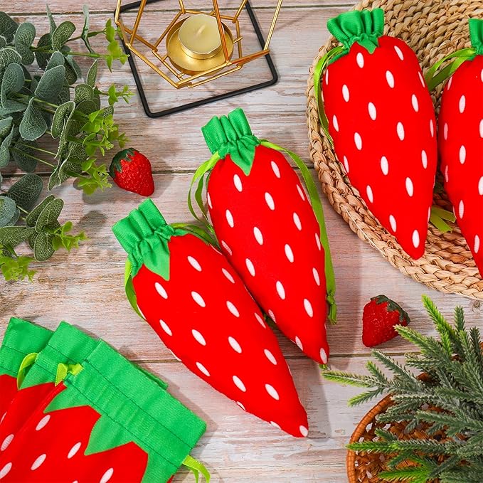 Whaline 12Pcs Strawberry Shaped Treat Bags Red Green Strawberry Drawstring Bags - Image 5