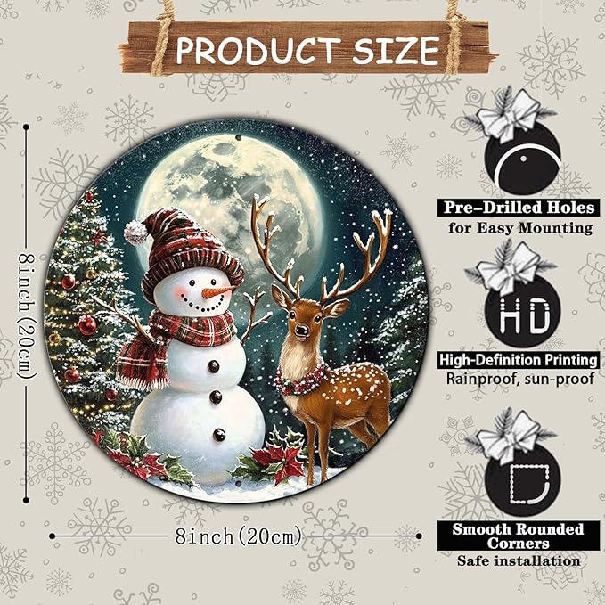 Christmas Snowman Decor Round Metal Tin Sign Christmas Deer Vintage Tin Sign - Image 2
