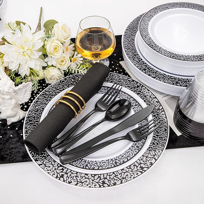 WELLIFE 350Pcs Black Plastic Dinnerware and Napkins Party Supplies Include:50 - Image 2