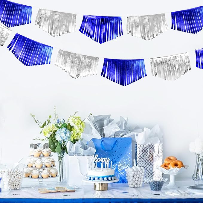 Royal Blue Silver Tassel Banner Metallic Fabric Pennant Bunting Flag - Image 4