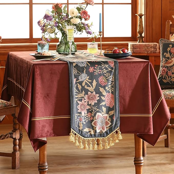 patdrea Designer Vintage Black Floral Extra Long Velvet Table Runner 118 Inch - Image 6