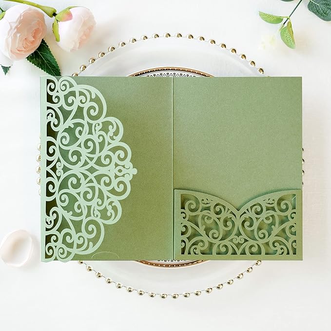 ponatia 5.12 x 7.2 Sage Green Laser Cut Wedding Invitations by ponatia