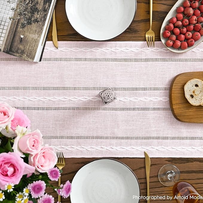 Artoid Mode Pink Rustic Cotton Linen Table Runner, Seasonal Embroidered Hollow - Image 3