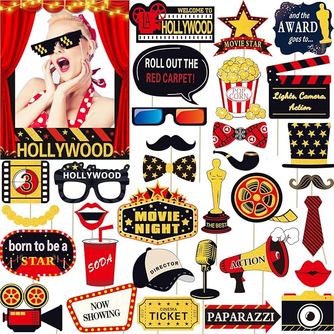 34pcs Hollywood Themed Movie Night Party Photo Booth Props, Hollywood Selfie by MINXICAI