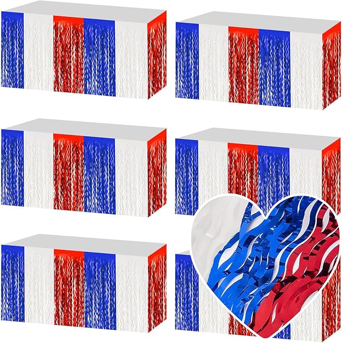 6 Pack 29x108 Inch White Blue Red Wave Foil Fringe Table Skirts Metallic Banner by Mebiornt