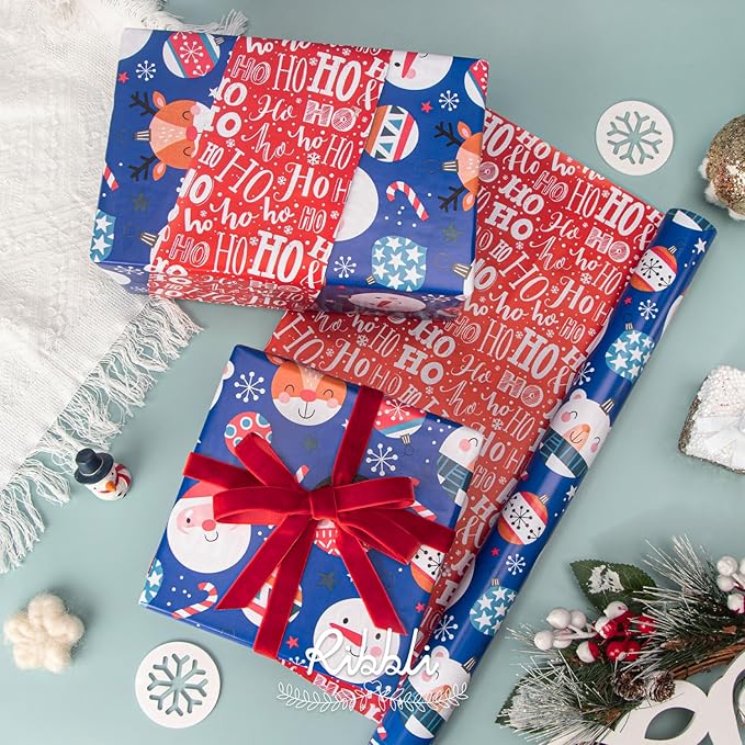 Ribbli Blue Christmas Wrapping Paper Reversible Cute Christmas elements Gift - Image 3