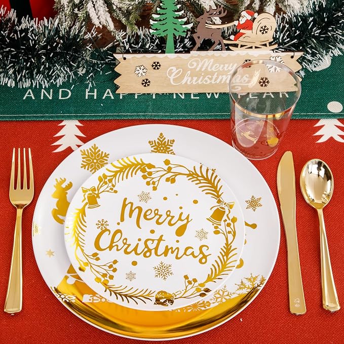 Supernal 150pcs Christmas Plates, Christmas Plastic Dinnerware include Gold - Image 3
