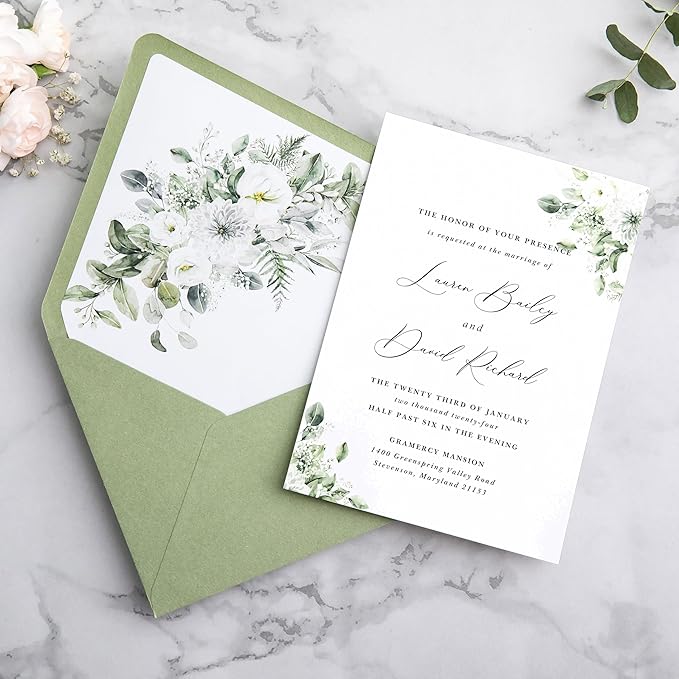 PONATIA 50PCS A7 Euro Flap Envelopes, 5.25 x 7.25'' Sage Green Flowers Liner - Image 4