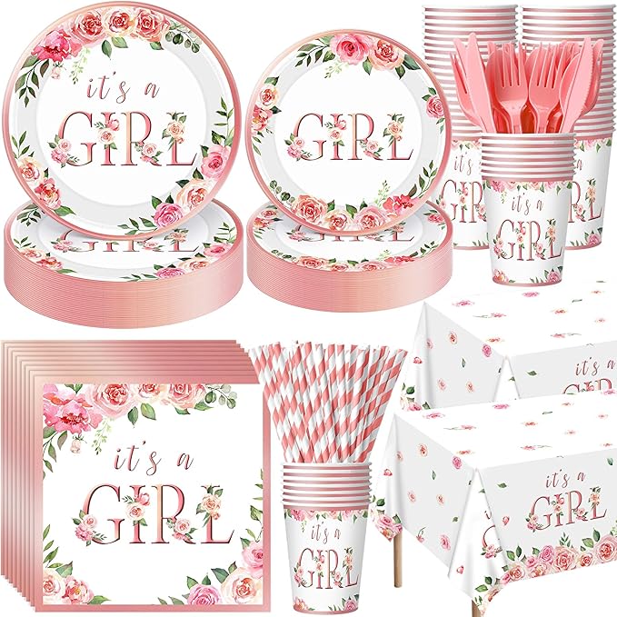 452 Pcs Pink Floral Baby Shower Party Supplies Include It's a Girl Baby Shower by Potchen
