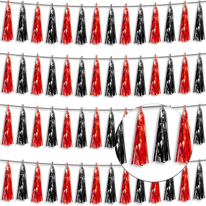 4P Black red Foil Fringe Tassel Banner Garland Metallic Tinsel Streamers Wall by Xuuf