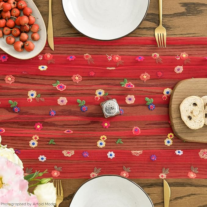 Artoid Mode Red Embroidery Daisy Gauze Table Runner 120 Inch 10FT, Seasonal - Image 7