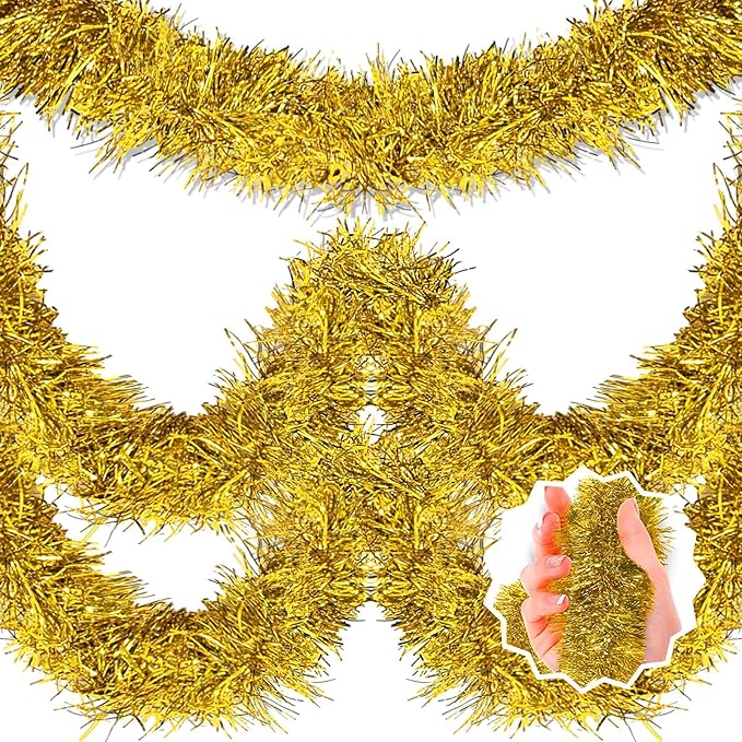 50 Feet Gold Christmas Tinsel Garland, Metallic Foil Twist Banner Wall Hanging by LANTIANCHEN
