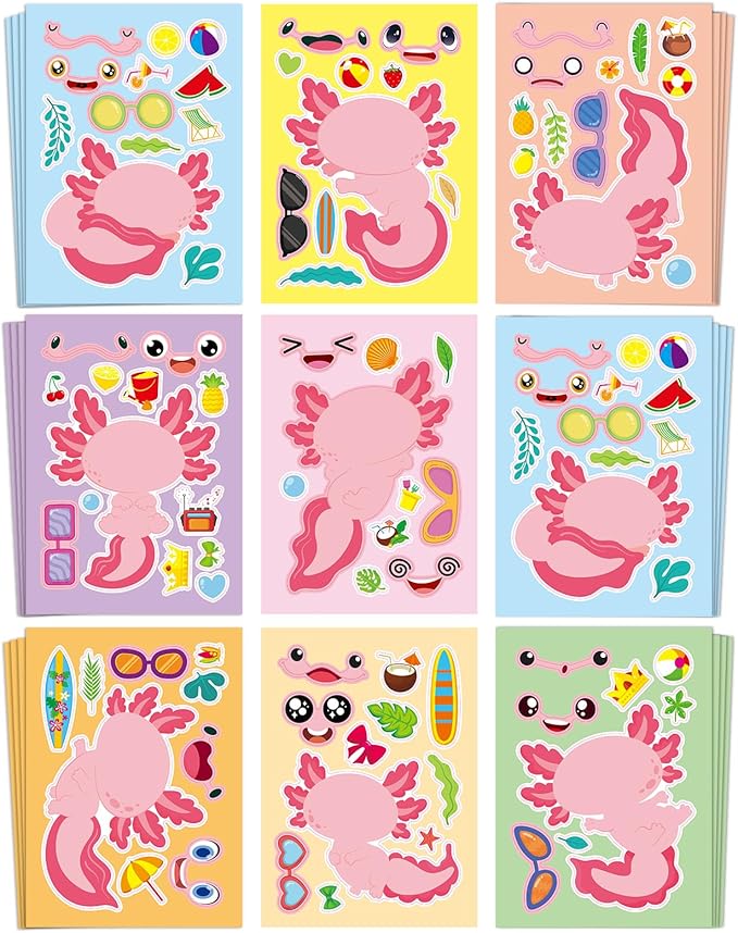 Aowplc 32 Sheets Axolotl Make-a-Face Stickers Mix 'n Match Crafts by Aowplc