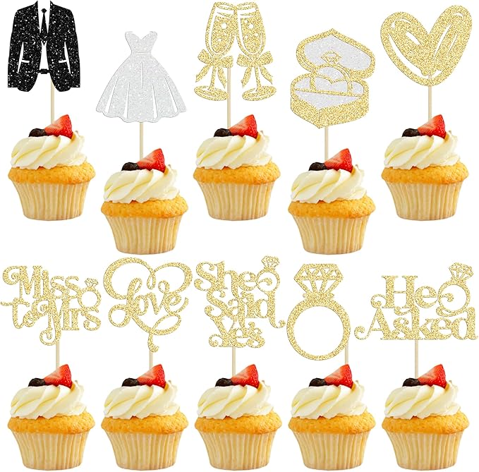 Gyufise 30Pcs She Said Yes Cupcake Toppers Glitter Diamond Ring I Do Love by Gyufise