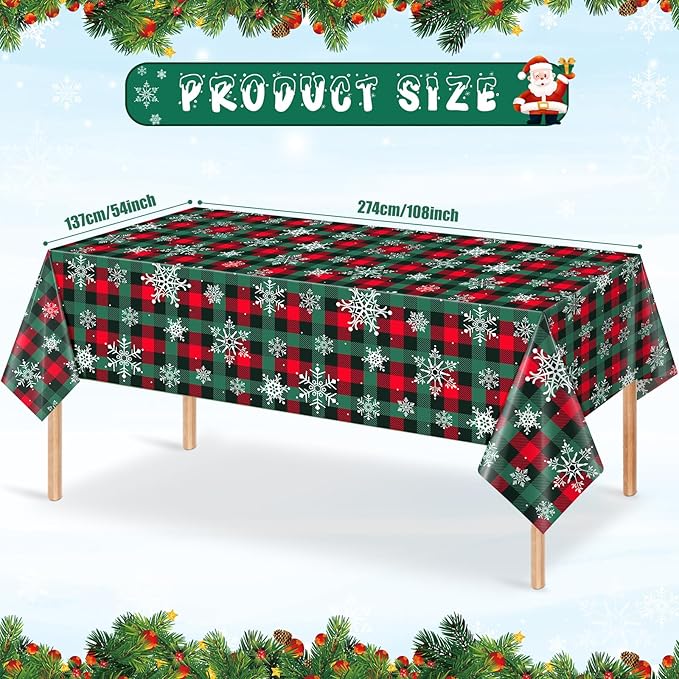 12Pcs Christmas Buffalo Plaid Snowflake Party Tablecloths Decorations, Plastic - Image 2
