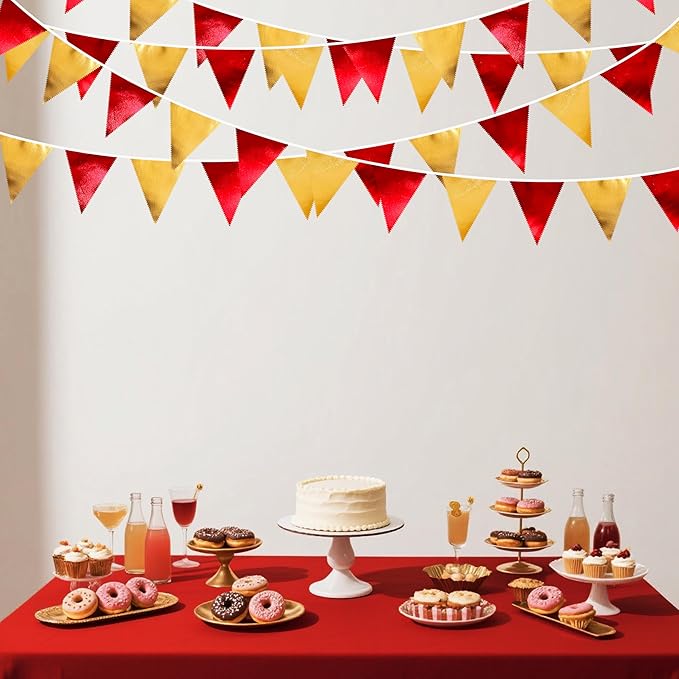 Red Gold Party Decorations Metallic Fabric Triangle Pennant Banner Flag Bunting - Image 6