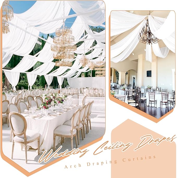6 Panels White Ceiling Drapes for Wedding 5ftx15ft Sheer Drapery Chiffon Fabric - Image 6