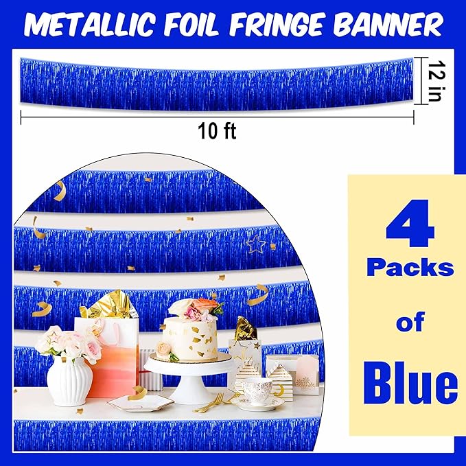 4 Pack 10 Ft Blue Foil Fringe Garland Metallic Streamers Tinsel Banner Wall - Image 2
