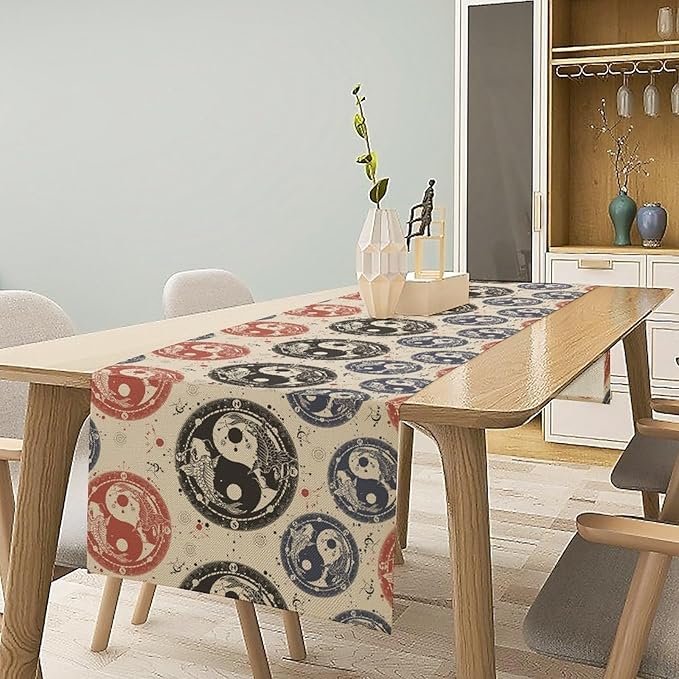 Yin Yang Table Runner, Vintage Mid Century Traditional Oriental Koi Fish - Image 2