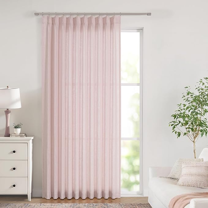 Vision Home Light Pink Pinch Pleated Semi Sheer Curtains Textured Linen Blended by VisionHome