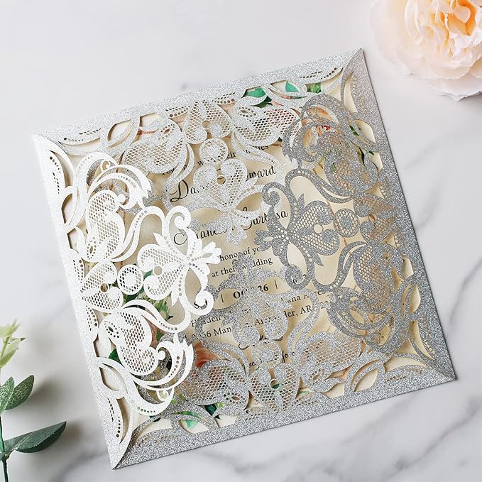 Hosmsua 6.3 x 6.3 Inch 50PCS Silver Glitter Laser Cut Hollow Lace Rose Wedding - Image 2