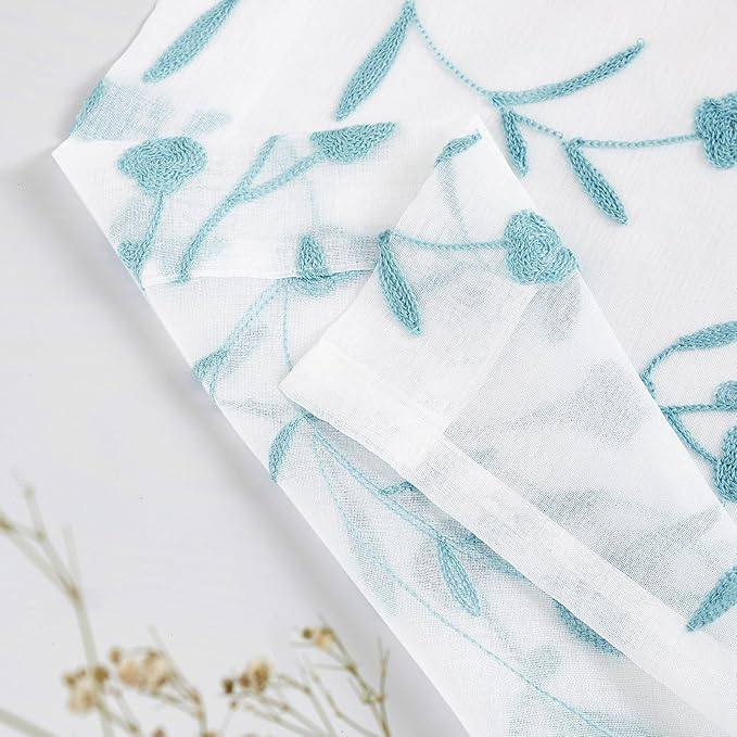 Sheer Curtains White-Blue 45 Inches Long Floral Embroidery Rod Pocket Voile - Image 6