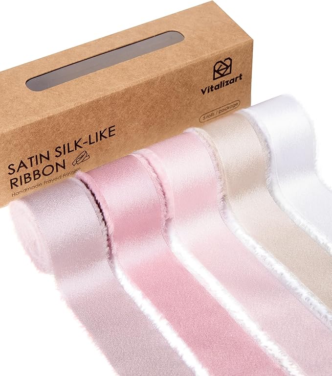 Vitalizart Silk Like Satin Ribbon 1 inch x 25 Yard Pink & Nude Handmade Frayed by Vitalizart
