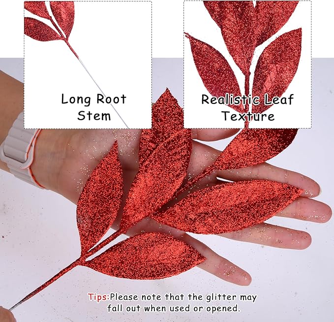 GREENTIME 12 Pack Artificial Red Glitter Leaves 13" Fake Christmas Picks - Image 2