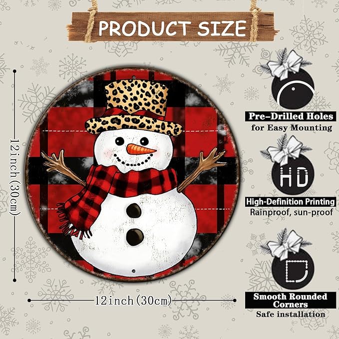 Round Christmas Snowman Tin Sign Vintage Snowman Sign Rustic Wall Decor - Image 2