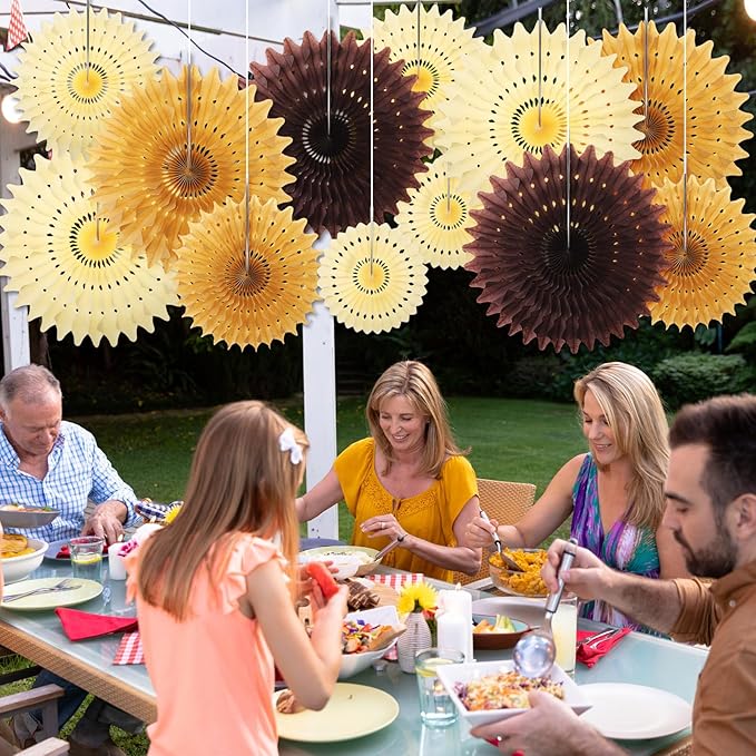 Outus 12 Pcs Hanging Honeycomb Paper Fans Sets, Fiesta Brown and Beige Party - Image 6