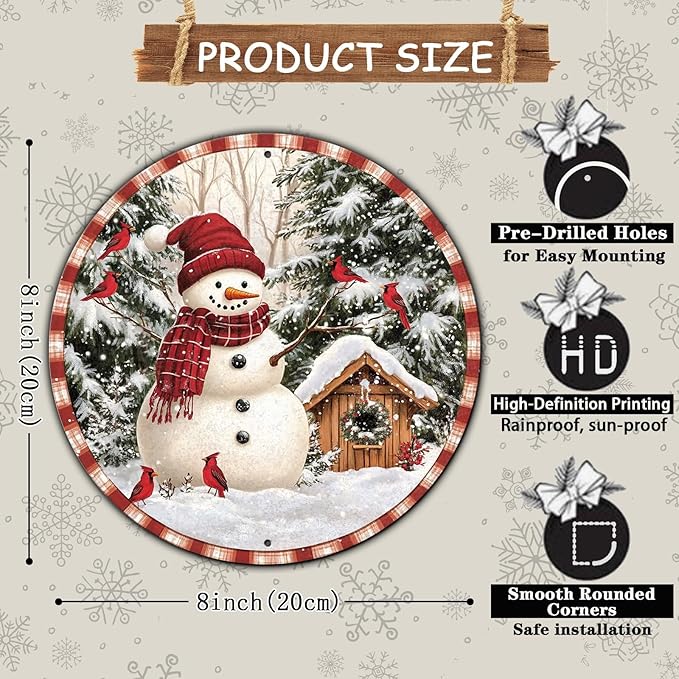Round Christmas Metal Signs Vintage Snowman and Red Birds Tin Sign Metal Poster - Image 2