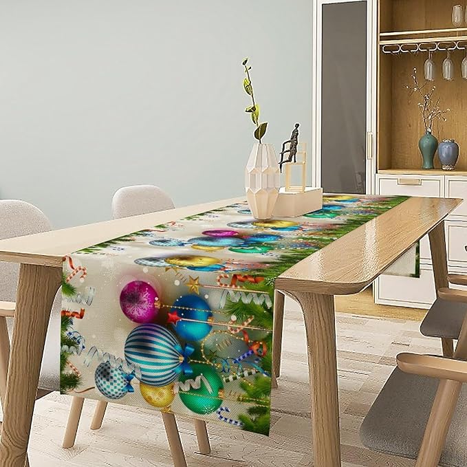 Christmas Table Runner, Colorful Balls Xmas Tree Snowflake Pattern Print - Image 5