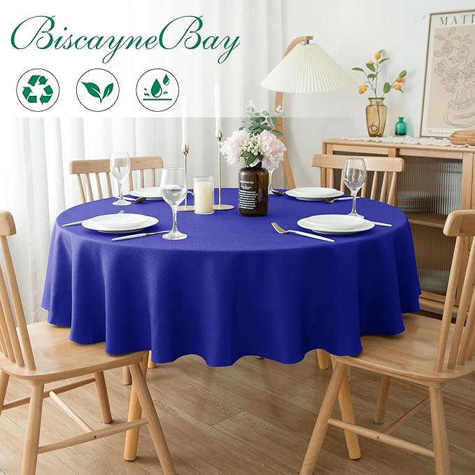 Biscaynebay Textured Fabric Round Tablecloths 70", Royal Blue Water Resistant - Image 2