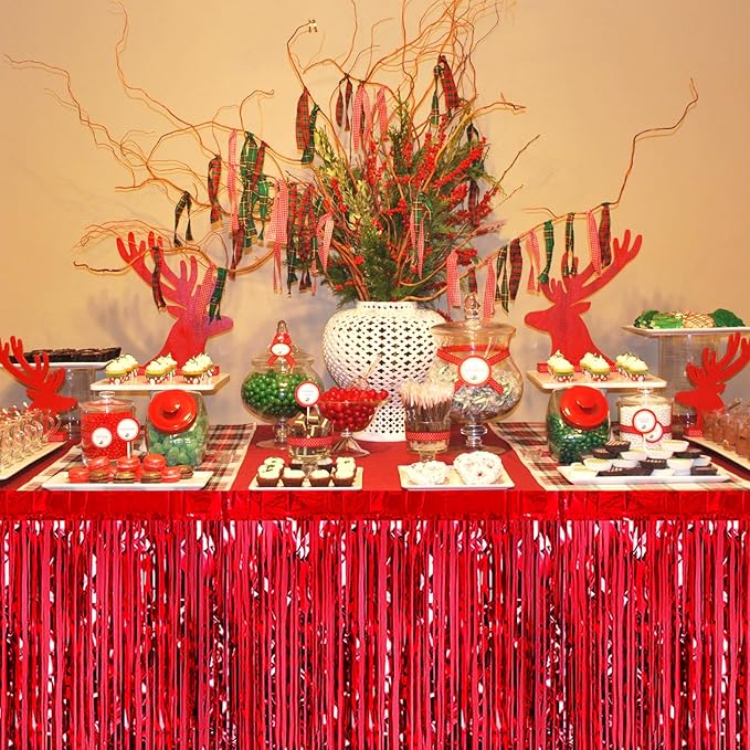 3 Pack 29 x108 Inch Red Foil Fringe Table Skirts Metallic Banner - Image 4