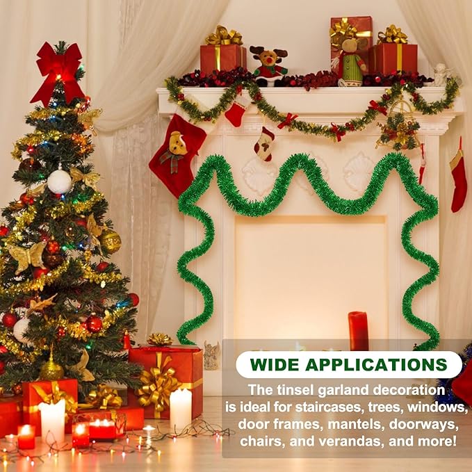 50 Feet Green Christmas Tinsel Garland, Metallic Foil Twist Banner Wall Hanging - Image 3