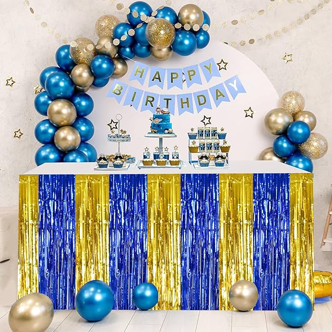 BEISHIDA 2 Pack Blue Gold Table Skirts Party Decorations Metallic Tinsel Foil - Image 4