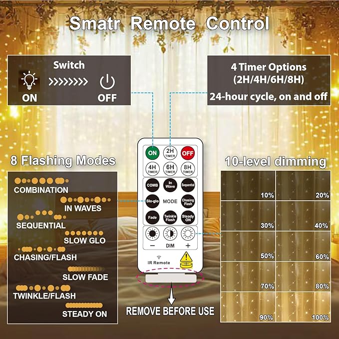 HXWEIYE 300LED Fairy Curtain Lights, 9.8x9.8Ft USB Plug-in 8 Modes Christmas - Image 4