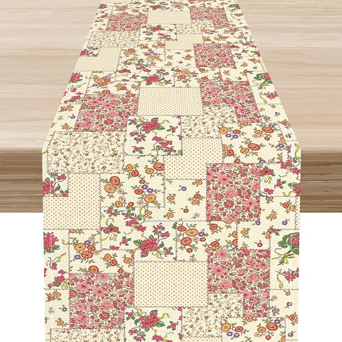 Patchwork Table Runner, Boho Vintage Pink Wildflowers Bohemian Paisley Flower by Unknown