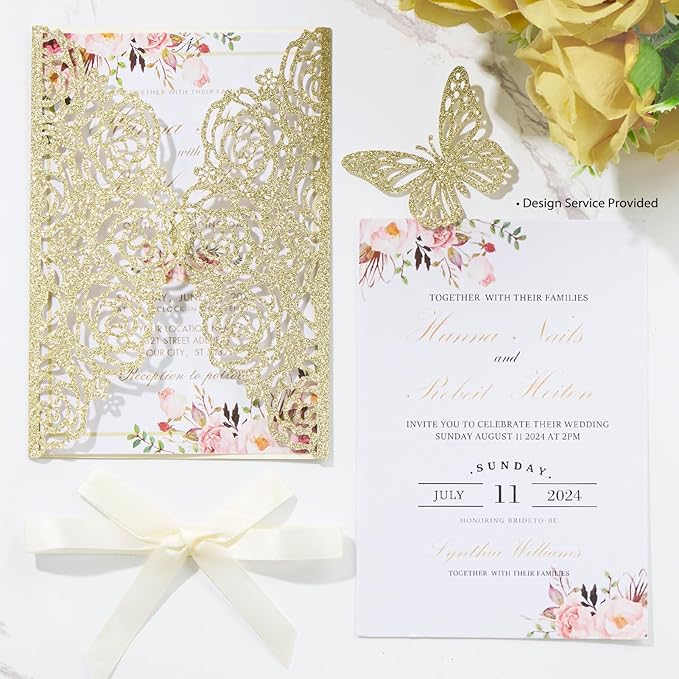 50PCS Gold Glitter Laser Cut Wedding Invitation - Image 3