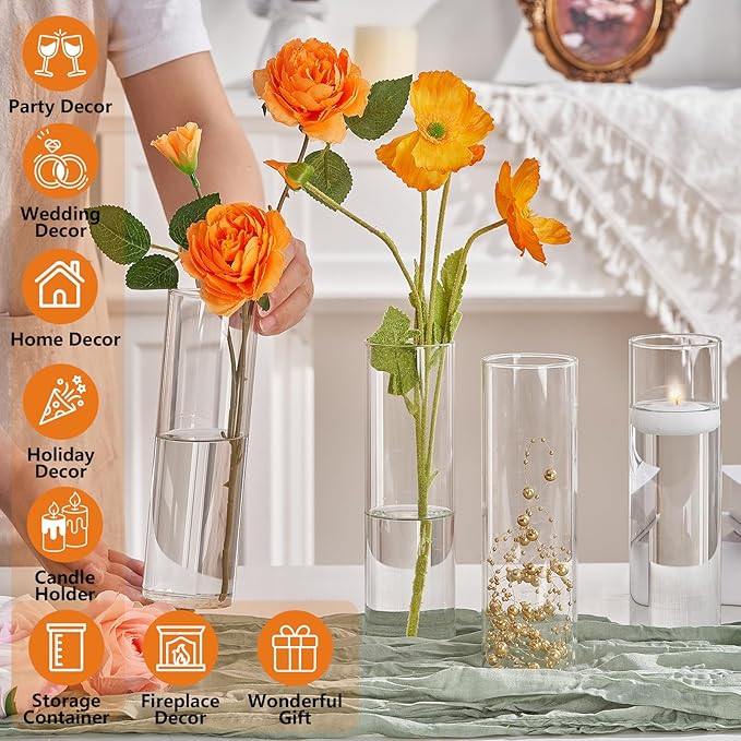 16Pcs Glass Cylinder Bud Vases for Centerpieces, 7.7 In Tall Clear Flower Vases - Image 3