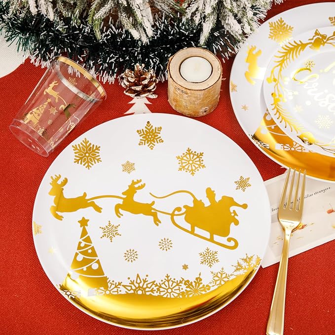 Supernal 150pcs Christmas Plates, Christmas Plastic Dinnerware include Gold - Image 9