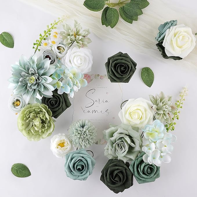 AmyHomie Forest Sage Green White Artificial Flowers Combo Silk Rose Fake - Image 5