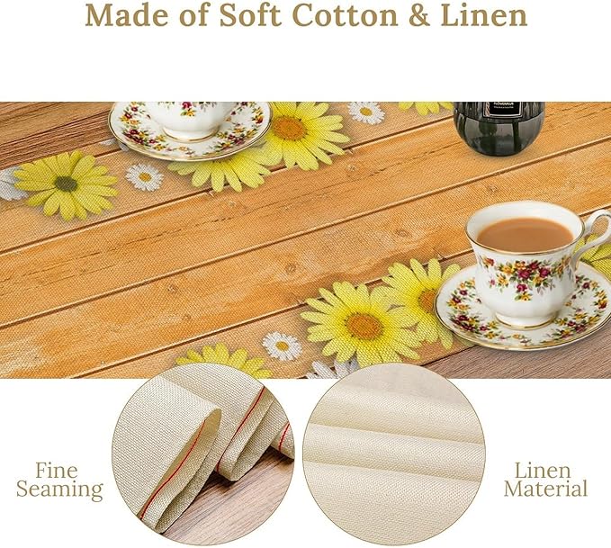 Farmhouse Floral Table Runner, Spring Seasonal Yellow Daisy Sunflower Retro - Image 5