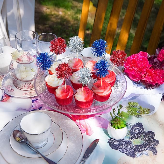 Ephlyn 30Pcs Foil Firework Cupcake Toppers Sparkle Tinsel Cupcake Picks Happy - Image 4