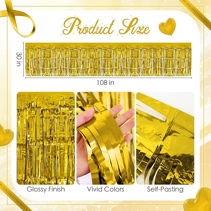 2 Pack Gold Table Skirts, 29x108" Metallic Foil Tinsel Fringe Table Skirts - Image 3