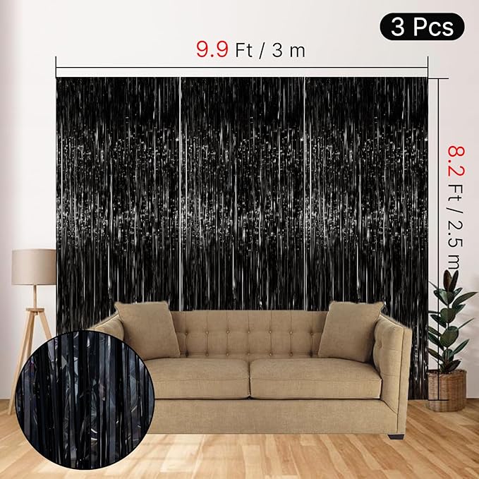 PartyWoo Black Streamers Tinsel Backdrop Curtain 3pcs 8.2ft Foil Fringe Curtain - Image 4