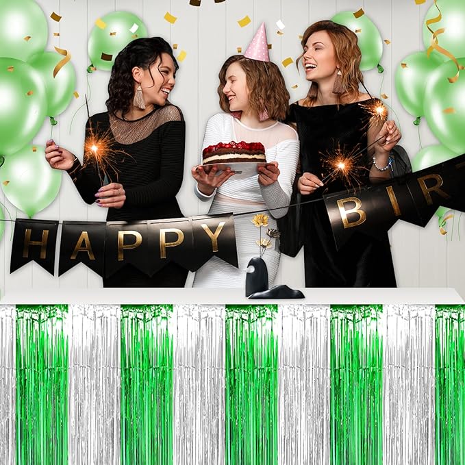 3 Pack 29 x108 Inch Silver Green Foil Fringe Table Skirts Metallic Banner - Image 4
